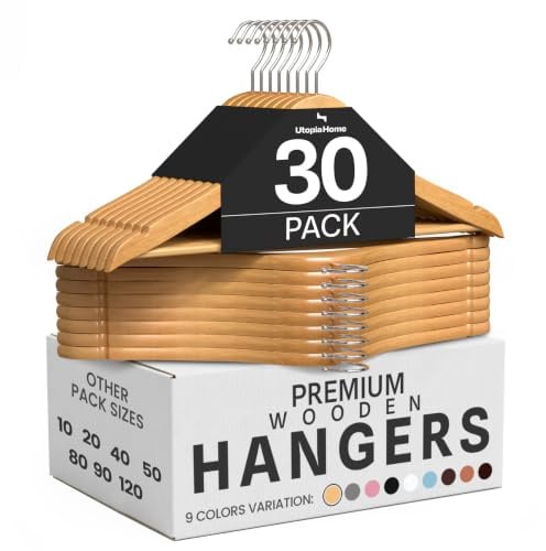 Utopia Home Premium Wooden Hangers 30 Pack - Heavy Duty & Durable Coat Hanger - Wood Hanger with 360-Degree Rotatable Hook - Clothes Hangers with Non-Slip Shoulder Notches For Shirts & Coats (Natural)