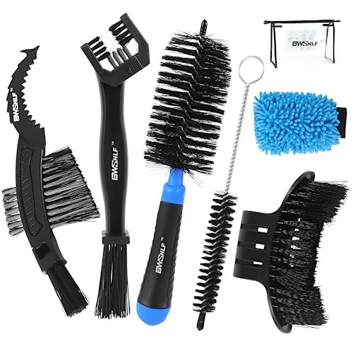 BWSHLF Bike Cleaning Kit (6 Pcs) with 1 Storage Bag, 5 Brushes for Tires, Chain, Sprockets, Cranks, Hubs, and Spokes, 1 Cleaning Mitt for Frame, Saddle, Clean Tools for MTB/Road/BMX/E-Bike/Gravel Bike