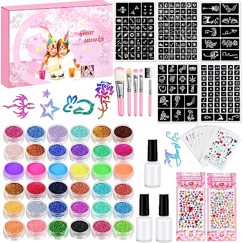 Glitzer Tattoo Set Kinder, CZMAO 36 Farben Temporäre Glitzertattoo für Mädchen mit 203 Schablonen, 5 Pinsel, 4 Kleber,Geschenk für Jungen Mädchen Erwachsenen Party