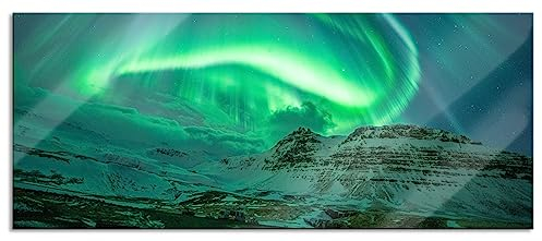 Pixxprint Glasbild Panorama, Wandbild aus Echtglas, Nordlichter über Island, 100x40 cm, inkl. Aufhängung und Abstandshalter