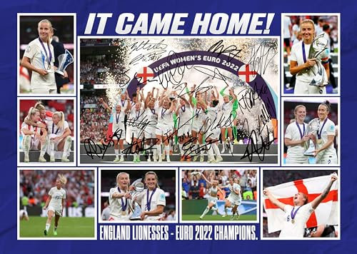 RJR PRINTS England Lionesses Es kam nach Hause Teamspielerin der Damen, Europameisterin 2022, mehrfach signiert, A4 Montage, Fotodruck, vorgedruckte Signatur, Autogramm, Fußballgeschenk