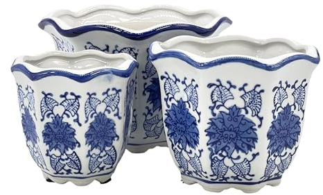 Galt International Dekorativer Blumentopf, Porzellan, Keramik, Blumenmuster, 20,3 cm, 15,2 cm, 11,4 cm, chinesisches asiatisches Design, 3 Stück, rund geriffelt