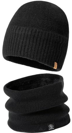 TOP-EX XL/XXL 100% Merinowolle Beanie Mütze, Wintermuetze Herren Damen, Strickmuetze Warme Fleece Futter mit Halstuch Halswärmer Gesichtsschal Loop Schal