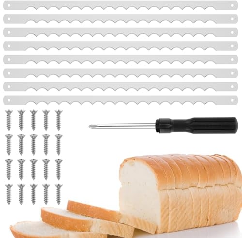8Pcs Bread Bow Cutter Blades, 10.8×0.43 Inch Stainless Steel Replacement Blade with Screws and Screwdriver, Serrated Bread Blade Rustproof Bread Slicer Bread Cutting Tool for Wooden Bread Cutter