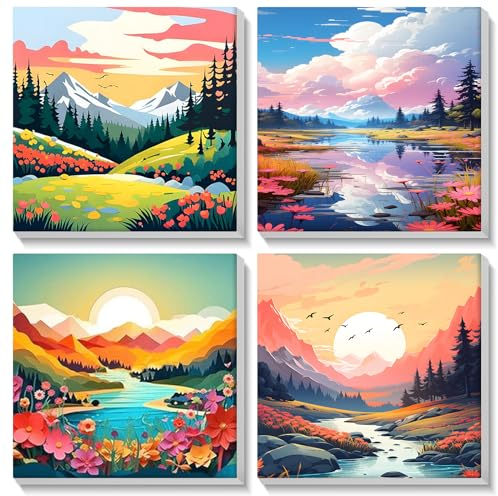 MOGTAA 4 Pack Paysage Peinture par Numéros Encadré, Montagnes et rivières Acryliques Peinture par Numéros pour Adultes Enfants, Peinture par Numéros avec Pinceaux pour Décoration de la maison 20x20cm