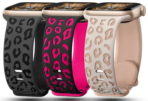 Lot de 3 bracelets gravés léopard compatibles avec Apple Watch – 42 mm, 44 mm, 45 mm, 46 mm, 49 mm – Bracelet de sport en silicone souple gaufré motif guépard pour iWatch Series 10 9 8 7 6 5 4 3 2 1