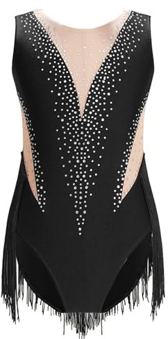 Yruioon Mädchen Turnanzug Glitzer Gymnastikanzug Ärmellos Ballettanzug Eiskunstlauf Body Overall Gymnastik Leotard Wettbewerb Tanzkostüm A Schwarz 146-152