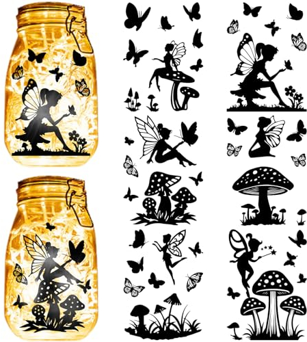 CREATCABIN 24 Sheets 6 Styles Fairy Angel Mason Jar Decals Mushroom Butterfly Stickers Die Cuts Silhouettes Self-Adhesive PVC Waterproof for Craft Scrapbook Lantern Jars Wall Windows Glass 7.8x5.9Inch