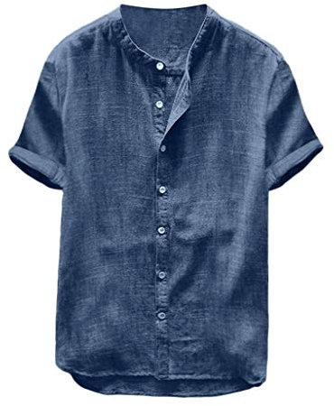 Chemise Homme Coton Et Lin, T-Shirts à Manches Courtes Homme Col Mao,Blouse Travail Homme Grande Taille avec Boutonné Ete Top Couleur Pure Classique Mode éLéGant Haut Confortable Respirant Tunique