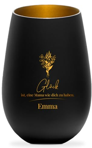 Geschenkfreude Windlicht mit Gravur personalisiert zum Muttertag - 8,5x6,3x12cm - Geschenkideen für die Mutter - besondere Muttertagsgeschenke für die Beste Mama - Teelichtglas schwarz Gold - Glück