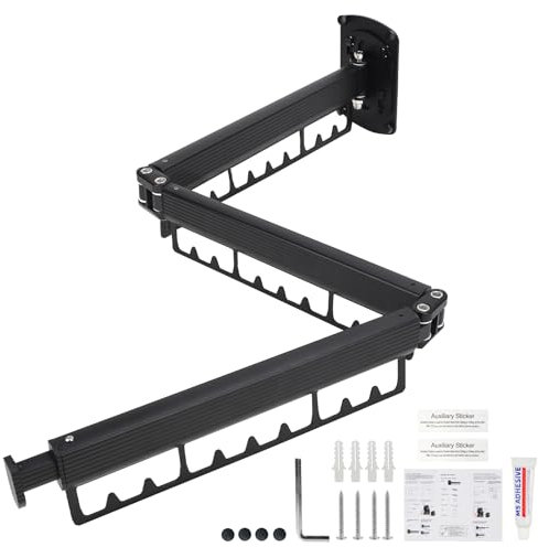 SWAWIS Wäscheständer Ausziehbar Wäscheständer Wandmontage Kleiderstange Klappbar Wäscheständer Wand Kleiderstange für Balkon, Wäsche, Badezimmer, Schlafzimmer, DREI Falten, Schwarz