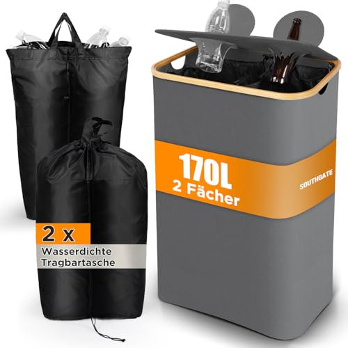 SOUTHGATE Pfandflaschen Sammelbehälter 2 Fächer, 170L Pfandbehälter, Leergut & Altglas Aufbewahrung mit Loch [inkl. 2 XXL Tragetasche], Faltbar Mülleimer mit Deckel für Küche & Abstellraum, Grau