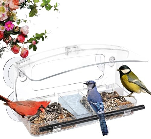 Jarkyfine Window Bird Feeder with Strong Suction Cups, Clear Window Bird Feeders for Viewing Transparent Acrylic Bird Feeder for Outdoors Squirrel Proof Bird Feeders Window Viewing Gifts for Elder