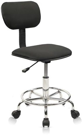 KLASIKA Drafting Chair Rolling Stool Adjustable Height with Back Support Foot Rest and Wheels Multi-Purpose Desk Chair for Home Office Bar Kitchen Shop, Black, 1 Pack