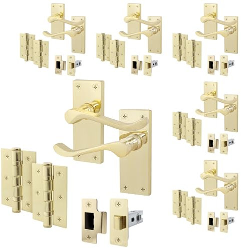 EAI Polished Brass Victorian Scroll Door Handle Latch Set | 6 Pairs of Brass Internal Lever Handles on Backplate with Hinges (76mm) & Latch (64mm)