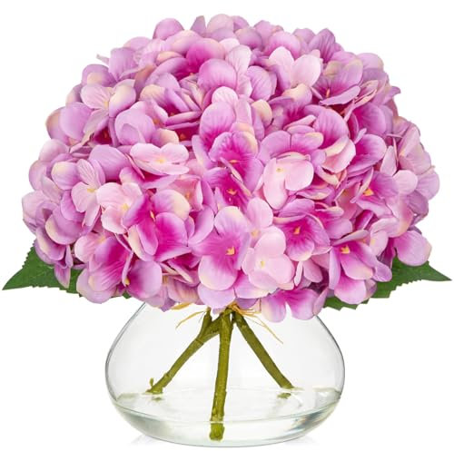 Oairse Hydrangea Artificial Flowers with Glass Vase Purplish Pink Silk Faux Flowers Arrangements in Vase with Faux Water Fake Floral Bulk Bouquet for Home Wedding Decor Table Centerpiece Decorations