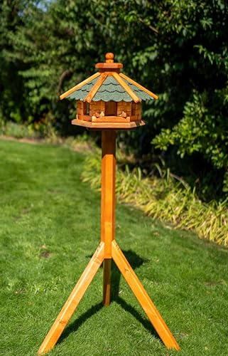 Deko-Shop-Hannusch Vogelhaus wahlweise mit Ständer und Solarbeleuchtung, Verschiedene Größen L - XXL, Futtersilo, wetterfestes Bitumendach (Größe M mit Ständer und Solar, grün)