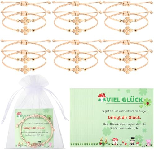 Kasyat 12 Sets Glücksbringer Kleeblatt Armband Glücksarmband mit Karte und Organzasäckchen für Damen Verstellbar Kleeblatt Armband Freundschaftsarmband für Geburtstag Glücksgeschen