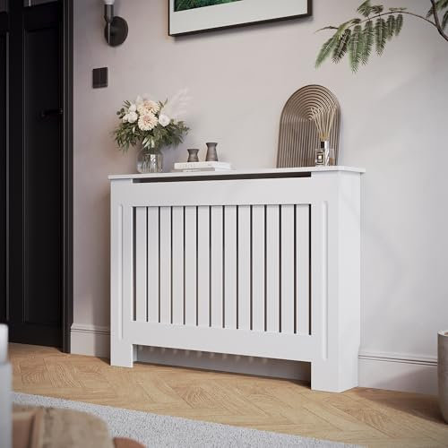 SIRHONA Cache-radiateur, Cloison Verticale, MDF Laqué Blanc, 112x19x81,5 cm, Peut Placer des Décorations, Adaptées au Salon, à la Chambre, au Couloir