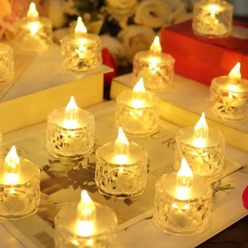 mysmartbuy.com Set of 12 Clear Faceted LED Tealights – Battery Powered Faux Light Up Flame-Free Candle Lights Home Decoration for Table, Windowsill, Mantlepiece & More – Each H5 x 3.8cm Diameter