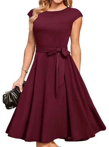 DRESSTELLS Cocktail Dress for Women, Formal Wedding Guest Mother Bride Graduation Evening Prom Tea Party Modest Midi Dress 2025 Burgundy L