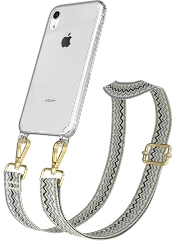 EAZY CASE Handykette - Verstellbares Taschenband kompatibel mit iPhone XR, Schulterriemen, Handykordel mit Silikon Hülle, Umhängetasche, Beige Blau Gold