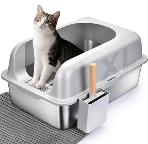 Stainless Steel Cat Litter Box with Lid & Scoop - Easy to Clean and Odor-Proof, Leak-Proof Litter Tray for Large Medium Cats, Includes Non-Slip Mat (60x40x15cm, Gray)