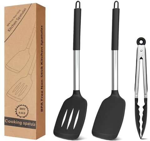 Elalove Lot de 3 Ustensiles de Cuisine en Silicone Alimentaire - Spatule, Écumoire et Pince de 26 cm à Nourriture Résistants à la Chaleur pour Cuisson, Barbecue et Pâtisserie