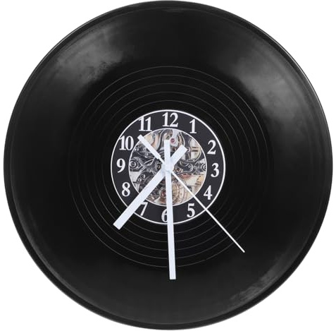 Mipcase Dekorative Hängeuhr aus Ps und Metall für Zuhause mit Vinylmotiv | Runde Retro Wanduhr, Schwarz, Minimalistisch und Künstlerisch, Leicht zu Reinigen, für Wohnraum