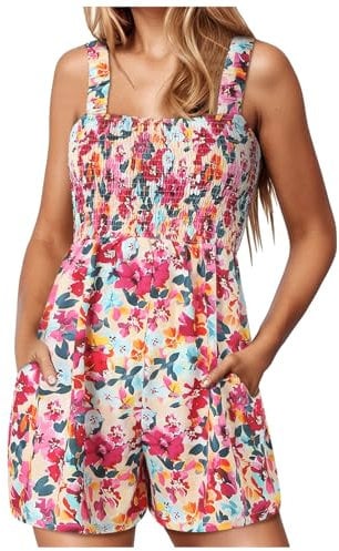 Playsuits for Women Jumpsuits with Pockets Ladies Dungarees Romper, Summer Outfits Short Jumpsuit Women's Floral Sleeveless Shorts Jumpsuit Crewneck Loose (Red-2, M)