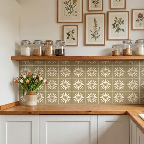 meihea 30 Pack, 4x4 Inch Sage Green Tile Decals, Mid-Century Modern Floral Peel and Stick Backsplash, Minimalist Vinyl for Kitchen Decor