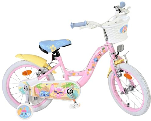 Volare Stitch Kinderfahrrad pink 16 Zoll | 4–6 Jahre | 2 Handbremsen, Stützräder, Reflektoren | Verstellbare Sattelhöhe | Lenkerkorb | Geschenk für Mädchen