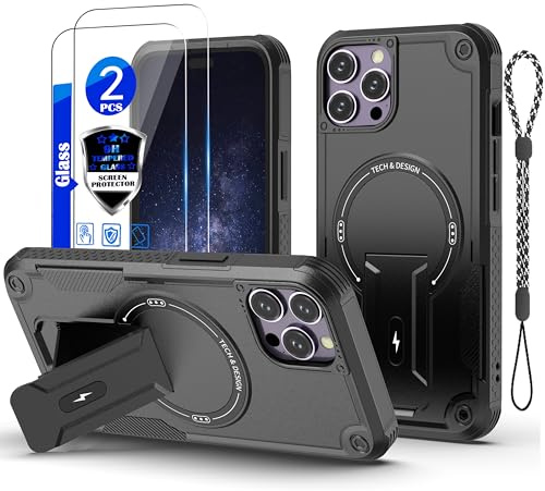 GuardCase for iPhone 12 Pro Max Case [Compatible with MagSafe][with 2 * 9H Tempered Glass Screen Protector], Built in Invisible Stand, Not fading，Shockproof Protective Phone Cover 6.7-inch(Black)