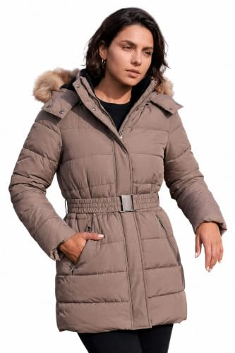 Roman Quilted Padded Coat for Women UK - Ladies Parka Winter Jacket Faux Fur Trim Hooded Short Autumn Waterproof Water Resistant Everyday Holiday Comfy Work - Mocha - Size 18