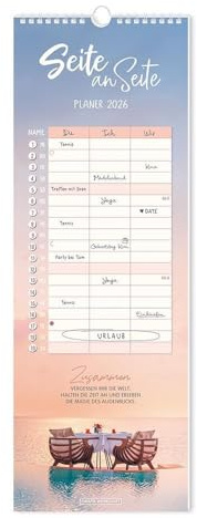 Seite an Seite - Paarplaner 2026 - Grafik Werkstatt - Familieenkalender mit 3 Spalten zum Eintragen - 17 cm x 48 cm - Küchenkalender