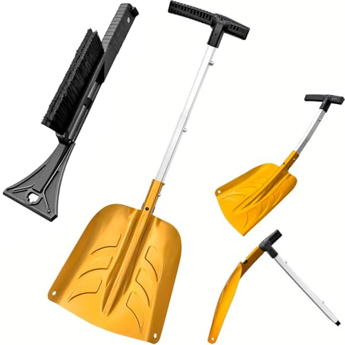 ARTIPOLY Snow Shovel with Ice Scraper & Brush, 76cm Extendable with Lightweight Aluminum Handle, 3-in-1 Folding Collapsible Winter Shovel Snow Removal for Camping Car Emergency Outdoors Home, Yellow