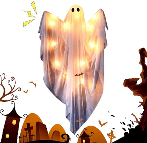 Halloween Geisterdekoration,Halloween Deko Leuchtgeister mit Sound | Leuchtende Figur Süß Gruselig Mit Sound Für Innen Außen Haus Fenster Terrassentür Nacht Party - Haus Fenster Tür Nacht Party
