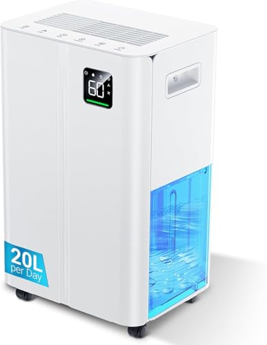 20L/day Dehumidifier with Humidity Sensor & Display and 24-Hour Timer, 3 Dehumidification Modes, Suitable Bedrooms, Office, Basements, Continuous Draining, White