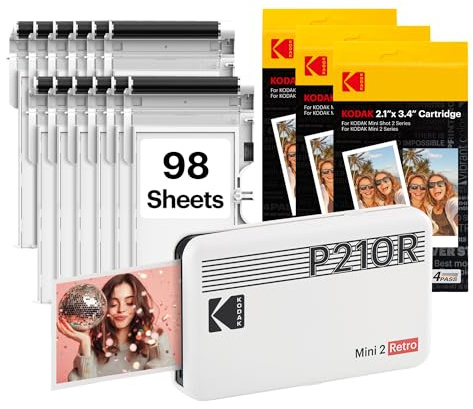 KODAK Mini 2 Retro 2x3 Portable Photo Printer, 4PASS, 38 Sheets, White | Bluetooth, iPhone & Android Smartphone Compatible, Smudge-Proof, Water-Resistant, Fade-Resistant