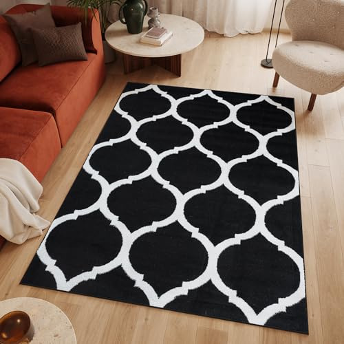TAPISO Luxury Teppich Kurzflor Schwarz Weiß Modern Marokkanisch Geometrisch Gitter Rauten Design Wohnzimmer Schlafzimmer Flur ÖKOTEX 140 x 200 cm