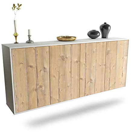 Dekati Sideboard Lakewood hängend (180x77x35cm) Korpus Weiss matt - Front Holz-Design Pinie - Push to Open