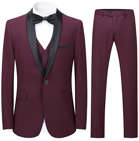 Sliktaa Mens Suits 3 Pieces Slim Fit Wedding Formal Dinner Suit Dark Grey One Button Notched Lapel Tuxedo Blazer Jacket Trousers and Waistcoat, Wine Red 1, XXL