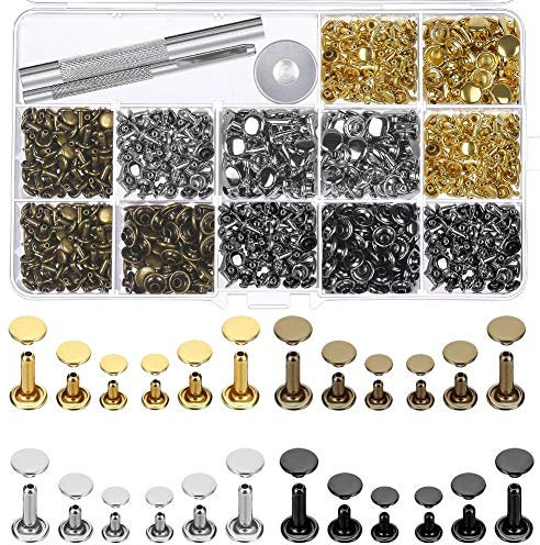 Selizo 480 Sets 4 Colors 3 Sizes Leather Rivets Double Cap Rivet Tubular Metal Studs with 3 Pieces Setting Tool Kit for Leather Craft Repairs Decoration