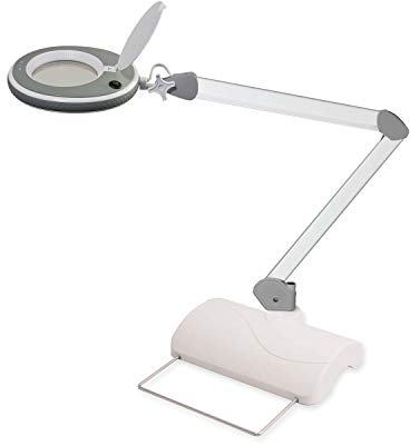 Lumeno 8215GR LED Lupenleuchte Arbeitsplatzleuchte Kosmetiklampe, einstellbare Helligkeitsstufen, kristallklare 127 mm Glaslinse, Lesehilfe/Lupe, 5 Dioptrien mit Tischfuß