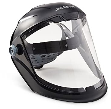 Jackson Safety,Black 14200 Maxview Premium Full Face shield/Face Guard clear tint, visor face protection and ratcheting headgear