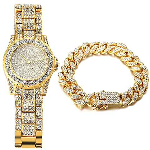 Halukakah Vergoldete Uhr Iced Out, Herren 18 Karat Echt Vergoldet Quarzarmband 8.7,mit Kubanischer Kette 8 Armbandset,Volle Cz Labordiamants Zinken-Set,KOSTENLOSE Geschenkbox
