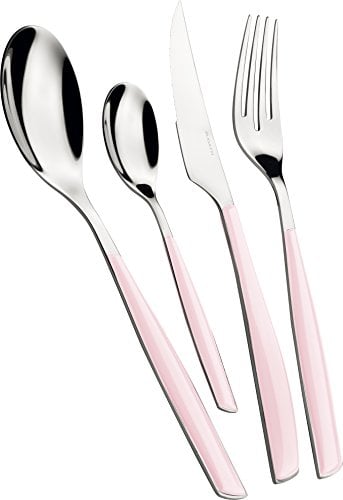 BUGATTI, Glamour, 4-teiliges Besteck-Set aus Edelstahl 18/10 und LOTUS PINK-Farbgriff. Besteckset für 1 Person bestehend aus 1 Löffel, 1 Gabel, 1 Messer und 1 Kaffeelöffel