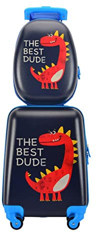 Bontour 2 Stück Kinderkofferset, Rucksack + Kindertrolley Reisegepäck, verbesserte Ausführung, Kratzfest (Dino)