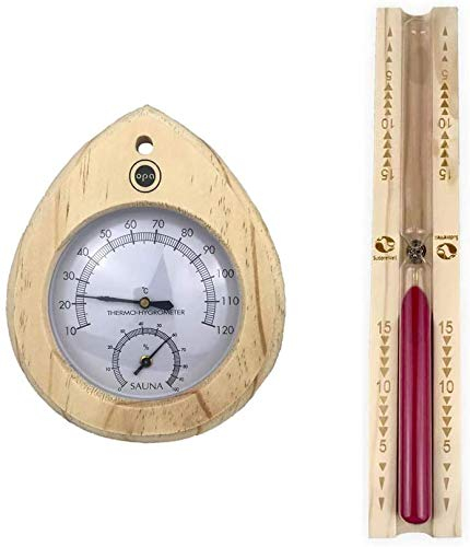 Thermomètre de sauna finlandais + hygromètre avec cadre en bois clair par OPA/Lumo plus sablier exclusif 15 min. avec du sable rouge