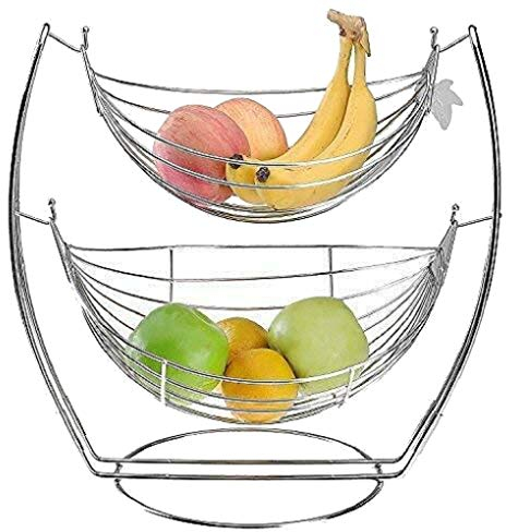 2 Tier Chrome Swinging Fruit Vegetable Bowl Basket Rack Storage Holder Hammock Fruit Vegetables Produce Metal Kitchen Swing Display Stand (2 Tier Basket)